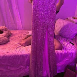 off shoulder rose gold/light pink long slim dress with slit